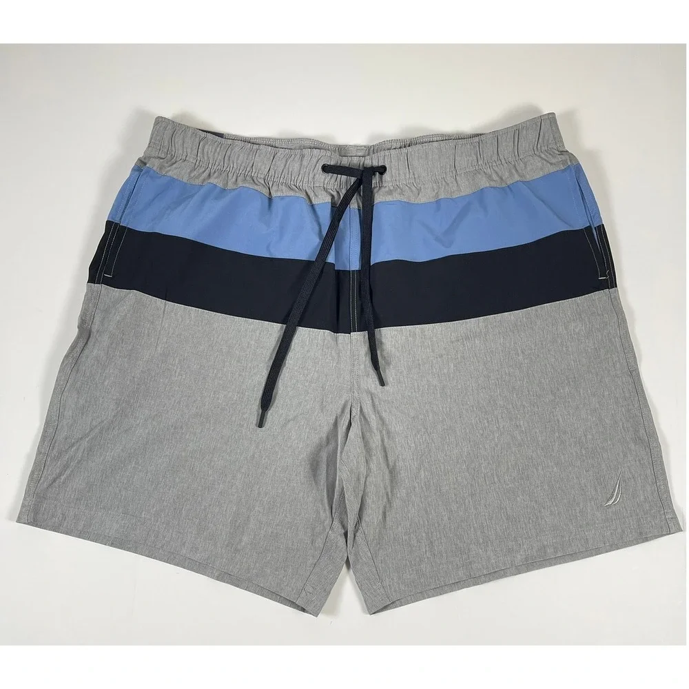 Nautica Mens XXL Gray Blue Colorblock 8.5 Inseam Swim Trunks T6516C New
